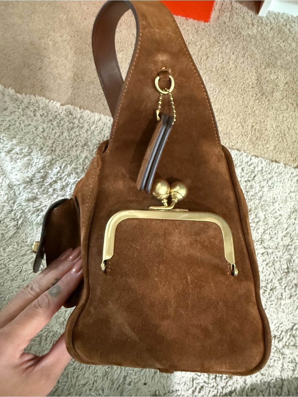 Coach Brown Suede Shoulder Bag with Front Pockets - Picture 16 of 16